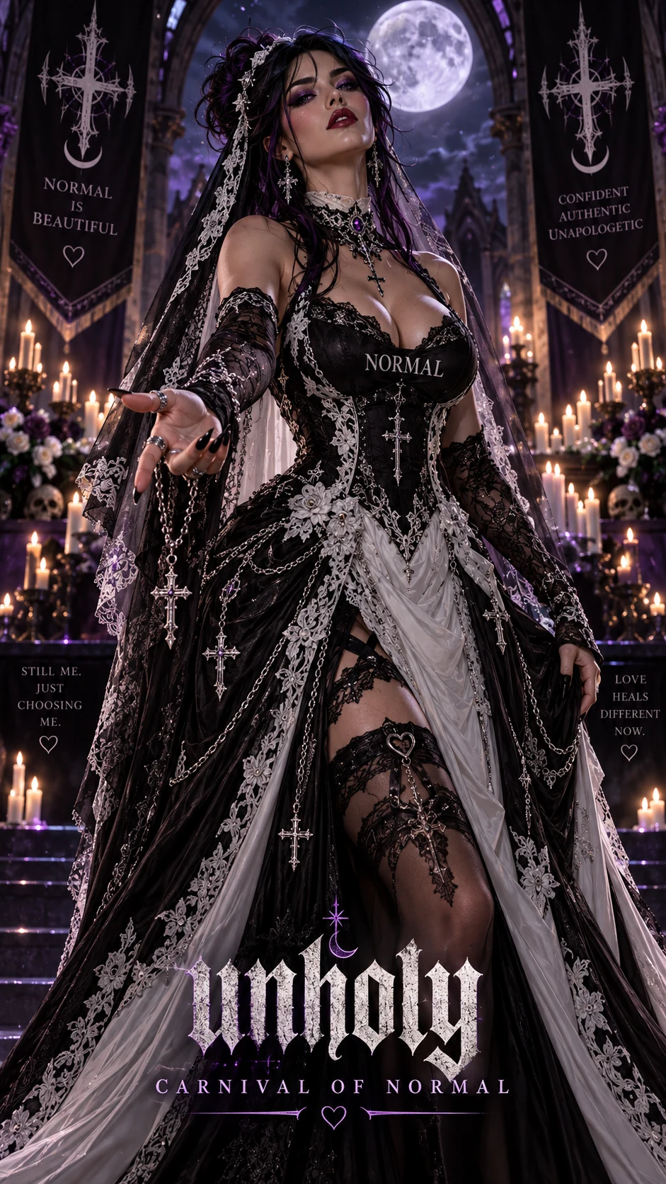 Blu Normal reaching forward in a black-and-white gothic wedding gown and veil under a full moon, with Unholy and Carnival of NORMAL lettering.