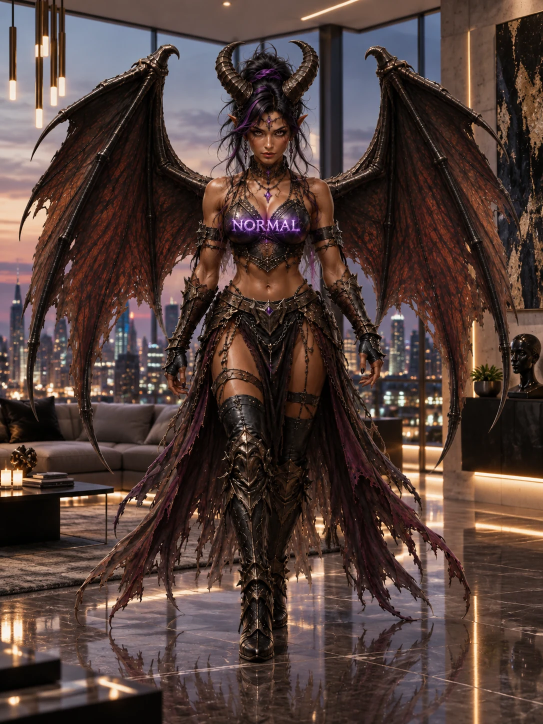 Blu Normal strides through a city penthouse in dark fantasy armor with a violet NORMAL wordmark, horns and broad wings.