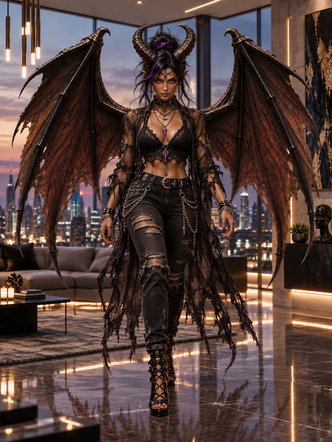 Winged Blu Normal walks across a polished penthouse floor in ripped black trousers, a lace top and long tattered sleeves.