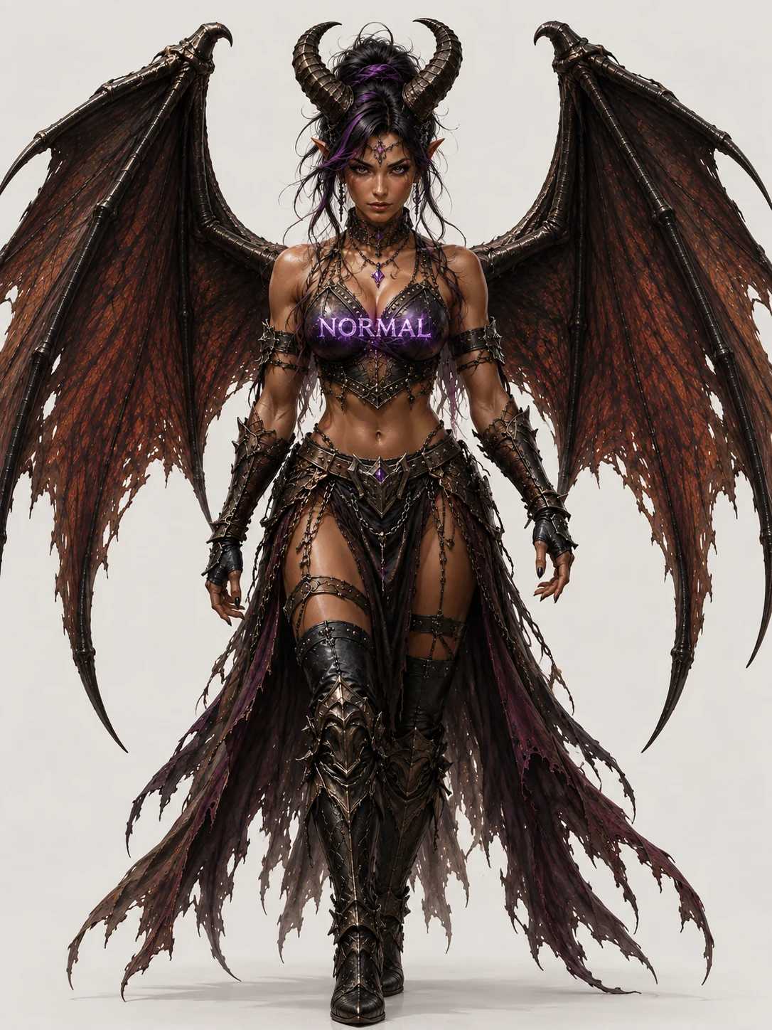 Full-length Blu Normal costume study on a pale background, showing horns, batlike wings, layered dark armor and tall boots.