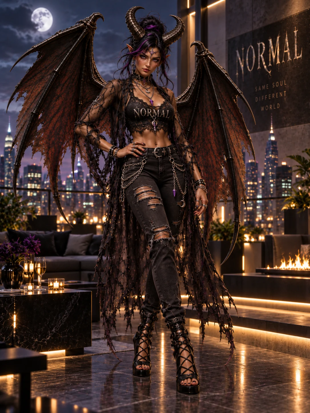 Blu Normal poses with curved horns, batlike wings, a black NORMAL top, ripped trousers and lace-up heels before a moonlit city skyline.
