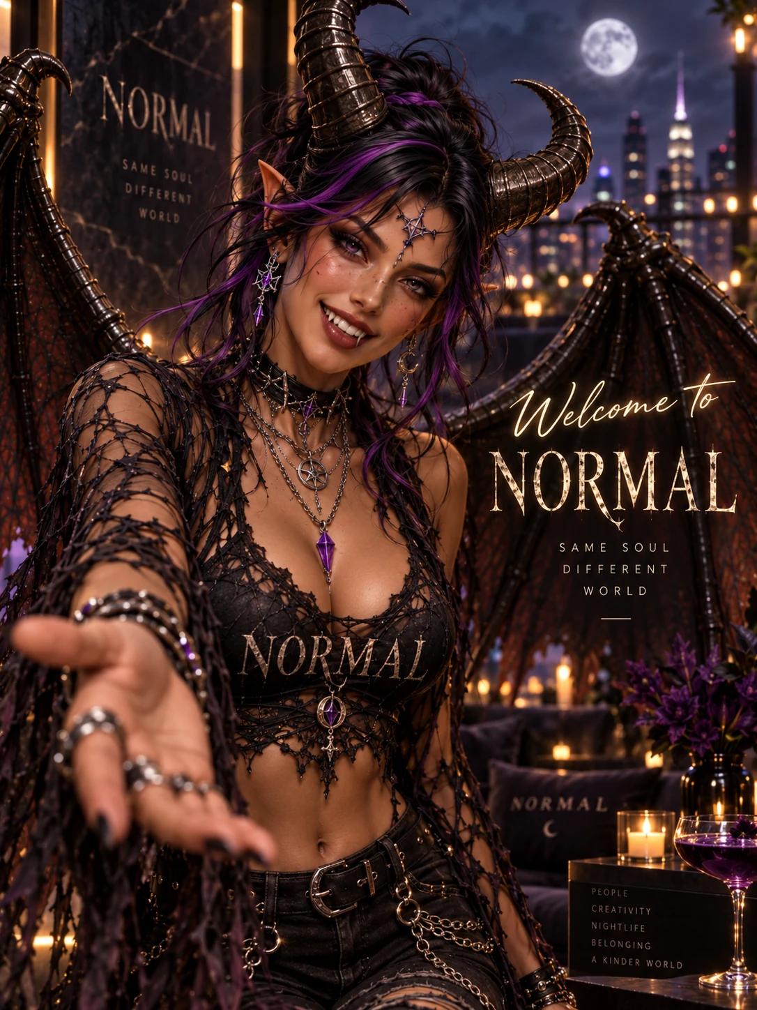 Horned, winged Blu Normal smiles and reaches toward the viewer in black lace NORMAL clothing in a candlelit penthouse.