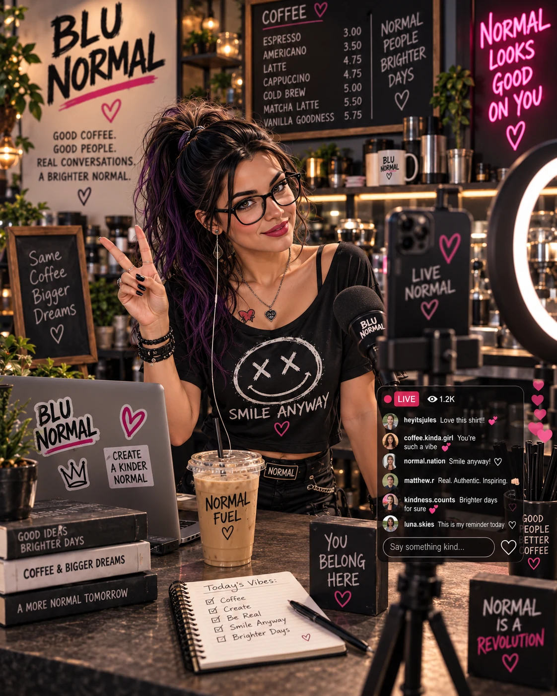 Blu wears glasses and a black Smile Anyway crop tee at a café counter in an imagined livestream scene.