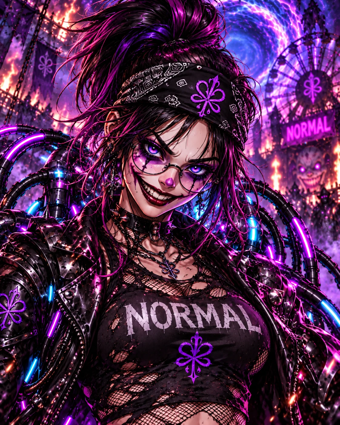 Cyber Sinister Blu smiles through clown makeup, glasses and violet mechanical tendrils.