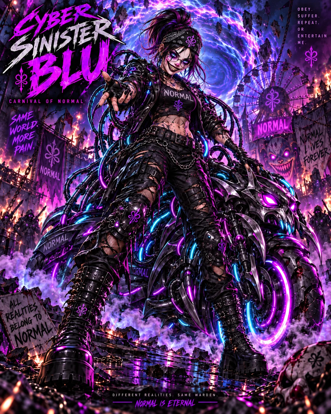 Cyber Sinister Blu stands in a biomechanical black-and-violet costume against a portal-filled carnival poster.