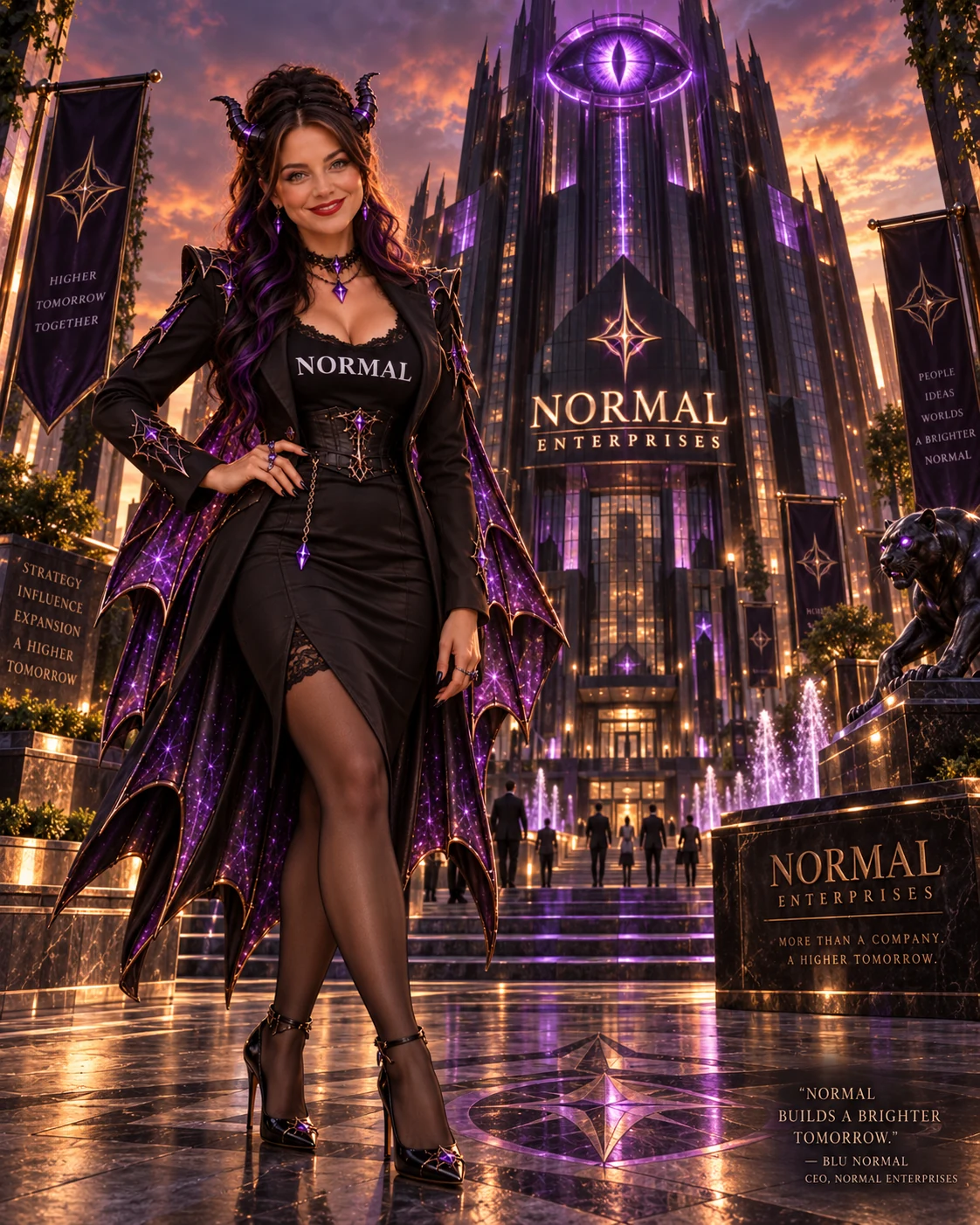 Horned Blu in a black executive dress stands before a violet tower marked NORMAL Enterprises.