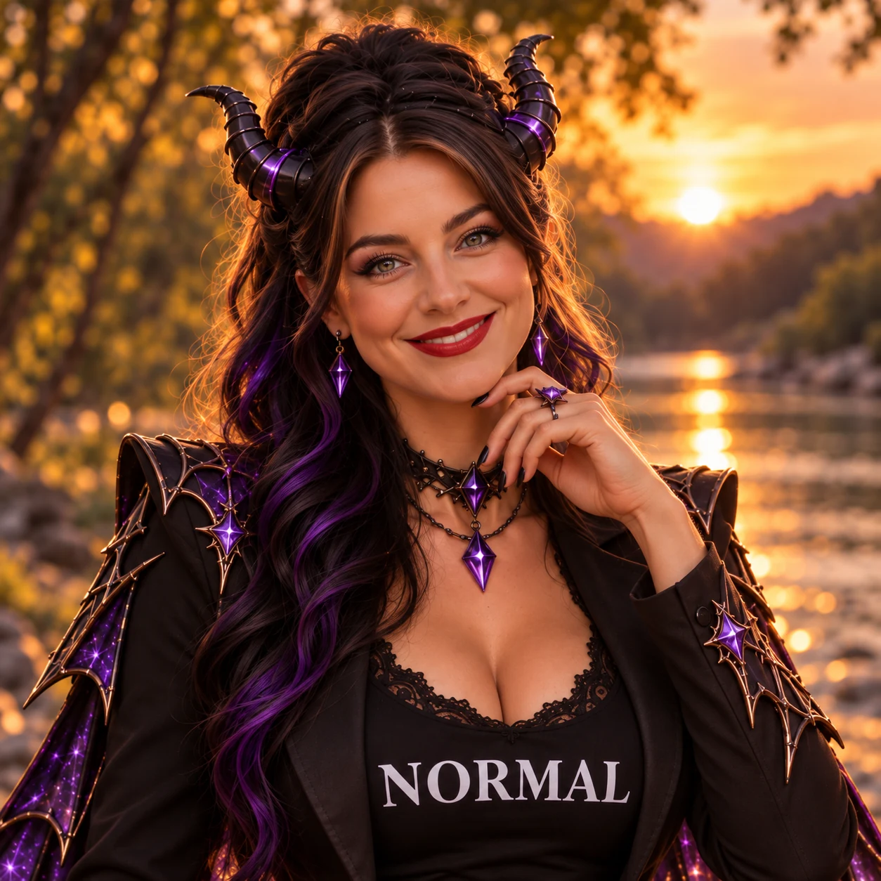 Horned Blu smiles beside a sunset lake in a black jacket with violet jeweled details.