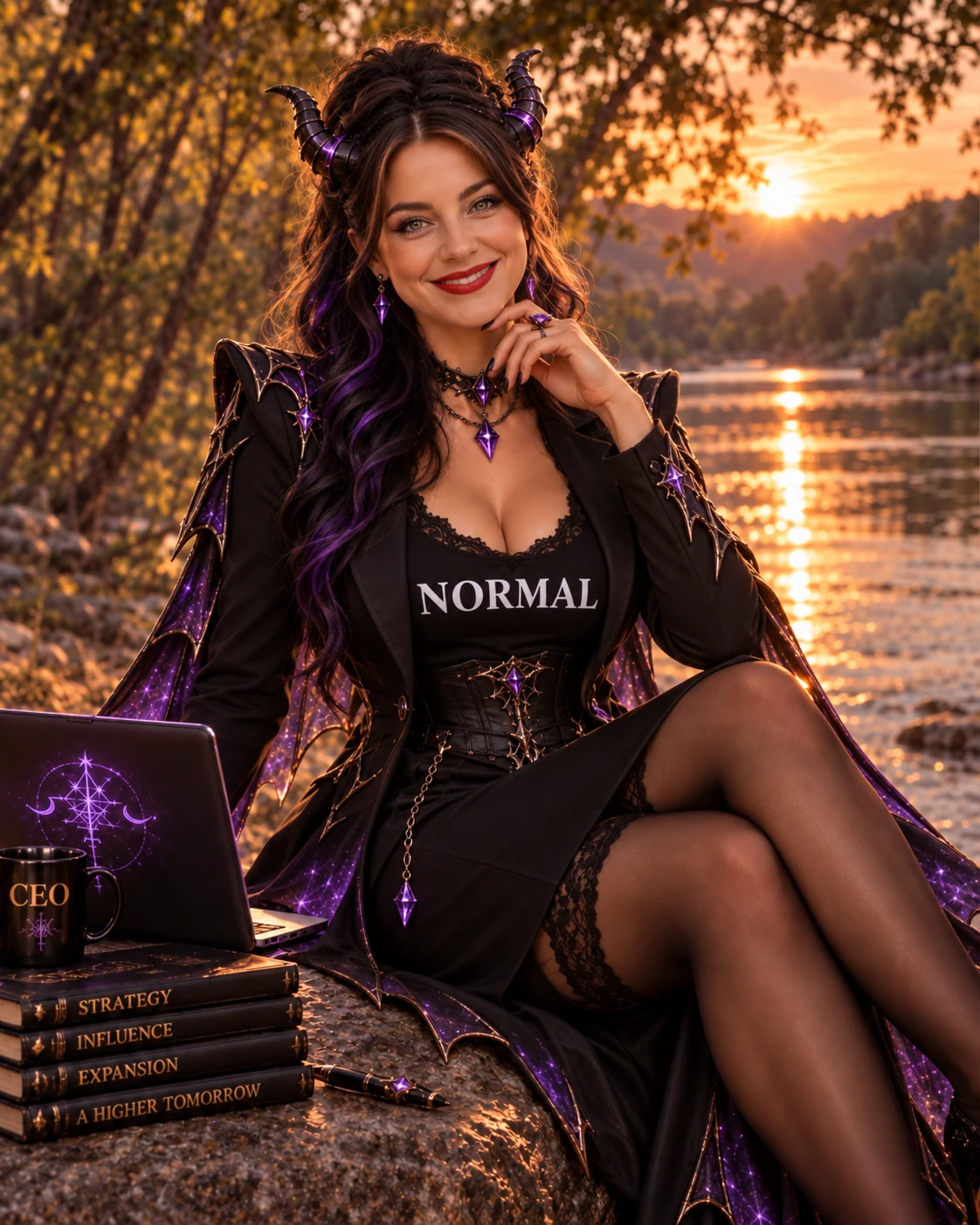 Horned Blu sits beside a lake with a laptop, coffee mug and strategy books.