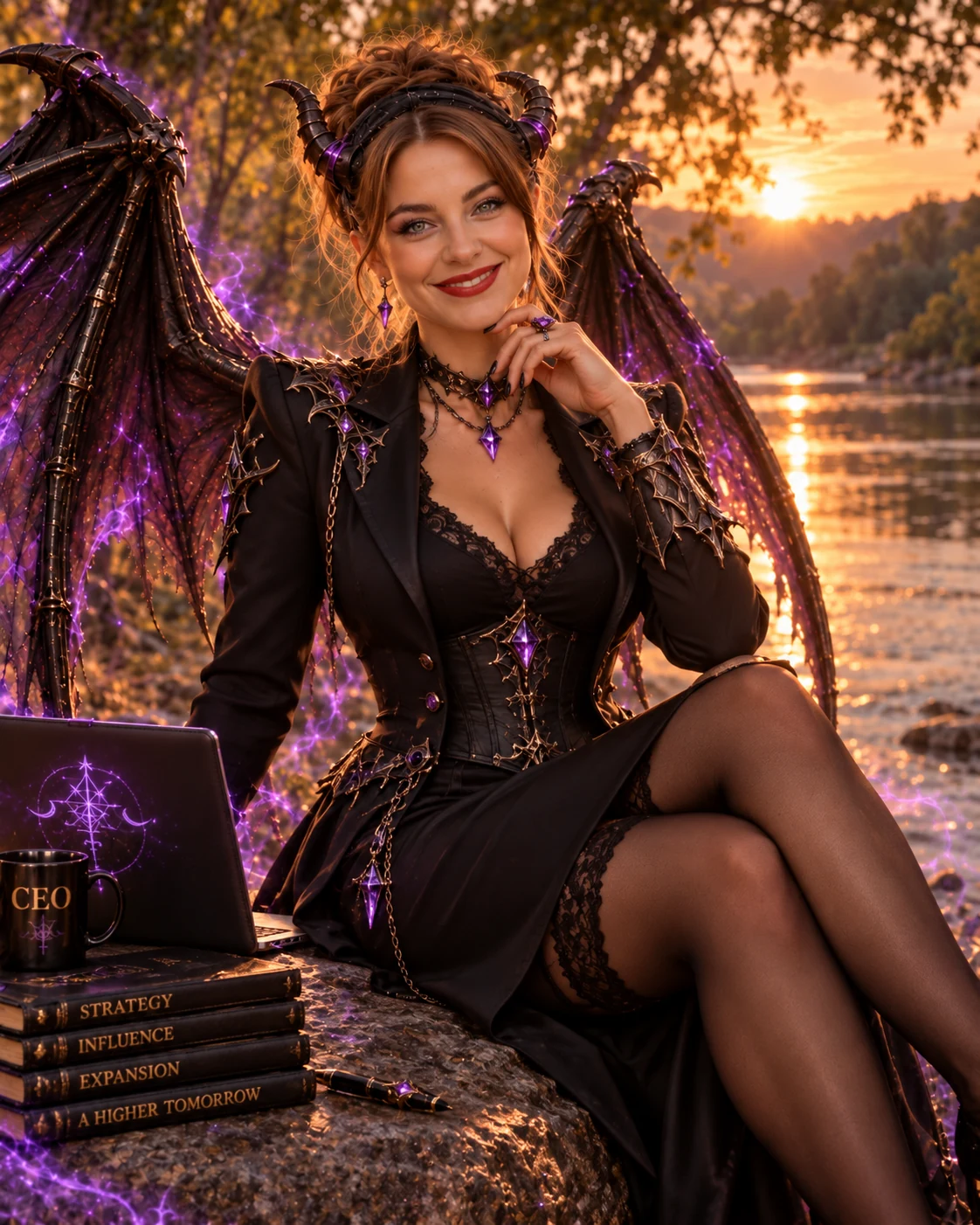 Winged and horned Blu rests beside a sunset lake in a tailored black-and-violet outfit.