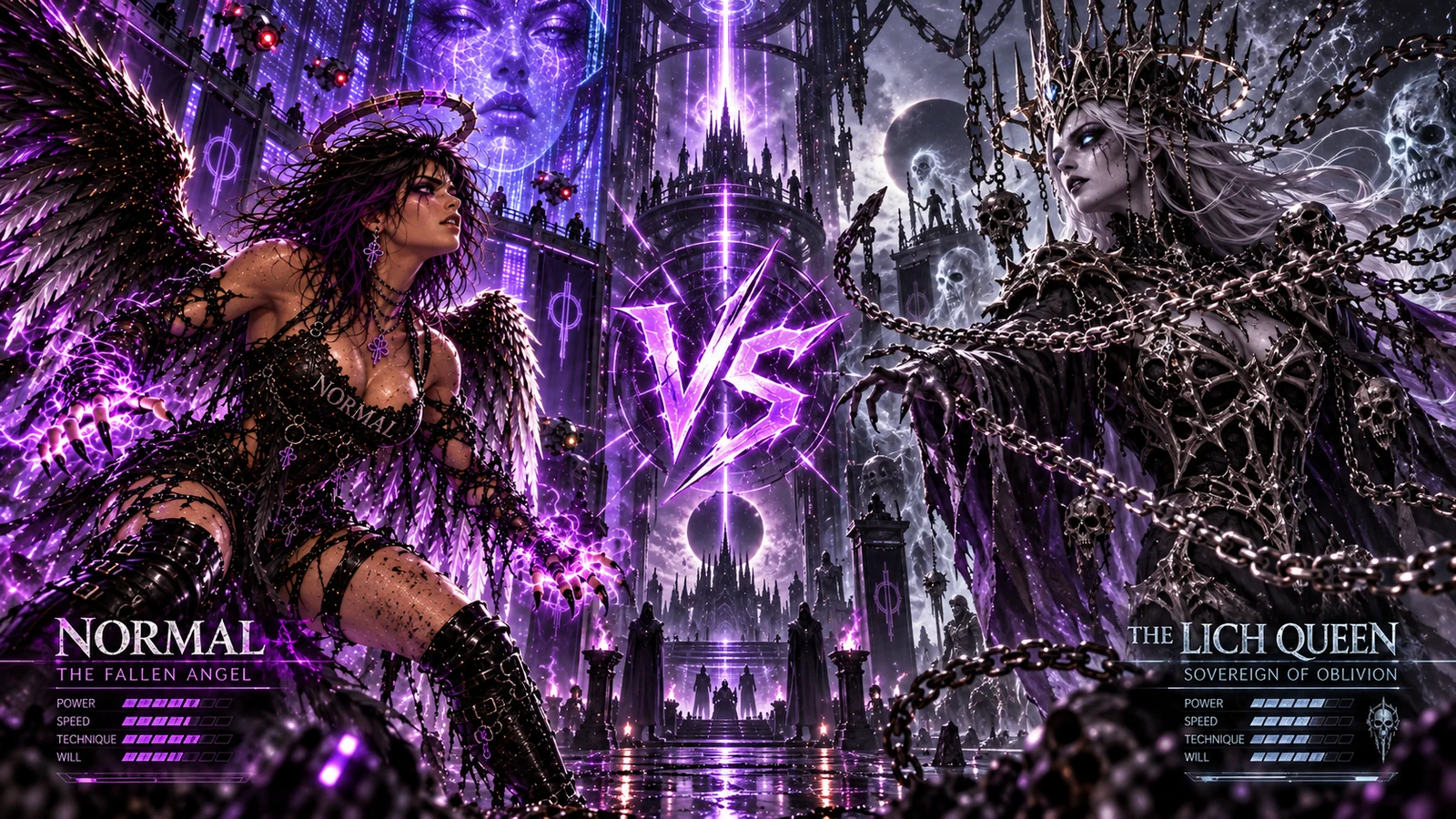 A fictional versus screen pairs Fallen Angel Blu with a skeletal Lich Queen against a violet castle setting.