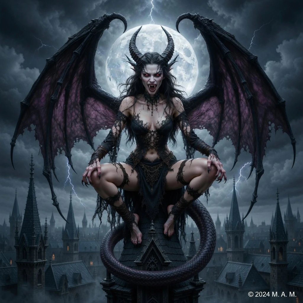 Fanged Gothic Carnival Blu crouches on a castle rooftop with horns, dark wings and a curling tail beneath a stormy full moon.