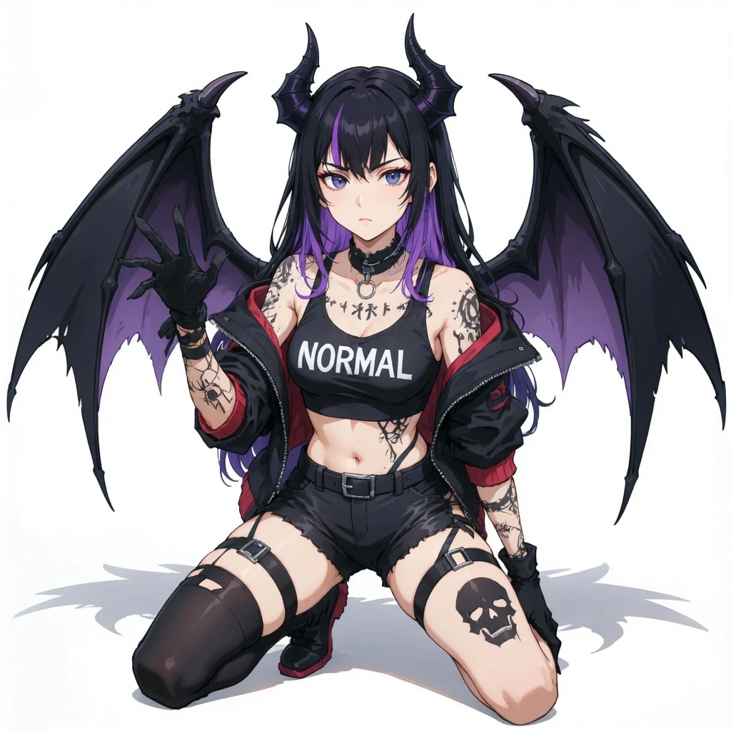 Illustrated Gothic Carnival Blu kneels on a pale background with horns, purple-and-black wings, a black NORMAL crop top, shorts and a red-lined jacket.