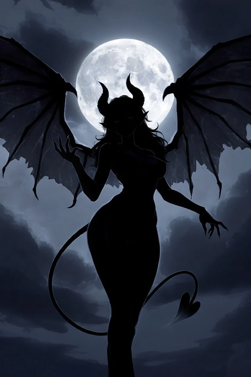 Gothic Carnival Blu appears in near-black silhouette against a pale moon and storm clouds, with broad wings and a heart-tipped tail.