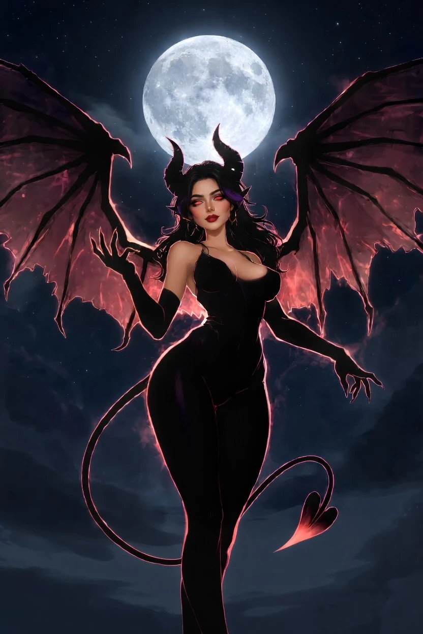 Gothic Carnival Blu stands beneath a full moon in a black outfit with horns, red-edged wings and a heart-tipped tail.