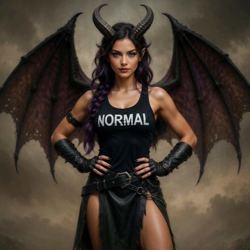 Gothic Carnival Blu stands with hands on her hips, curved horns, broad batlike wings, a black NORMAL tank and a dark leather skirt.