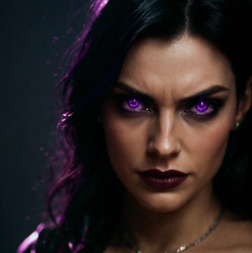 Close portrait of Gothic Carnival Blu with glowing violet eyes, dark hair with purple highlights and dark lipstick.