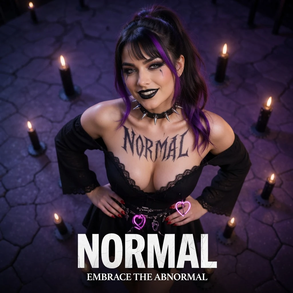 Blu Normal smiles upward with hands on her hips, wearing black lace and purple heart accents amid candles beneath the NORMAL wordmark.