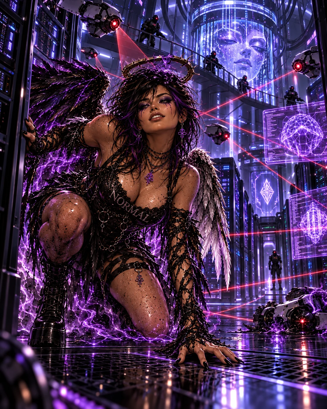 Blu crouches among reflective violet machinery beneath a broken halo, drones and a projected face.