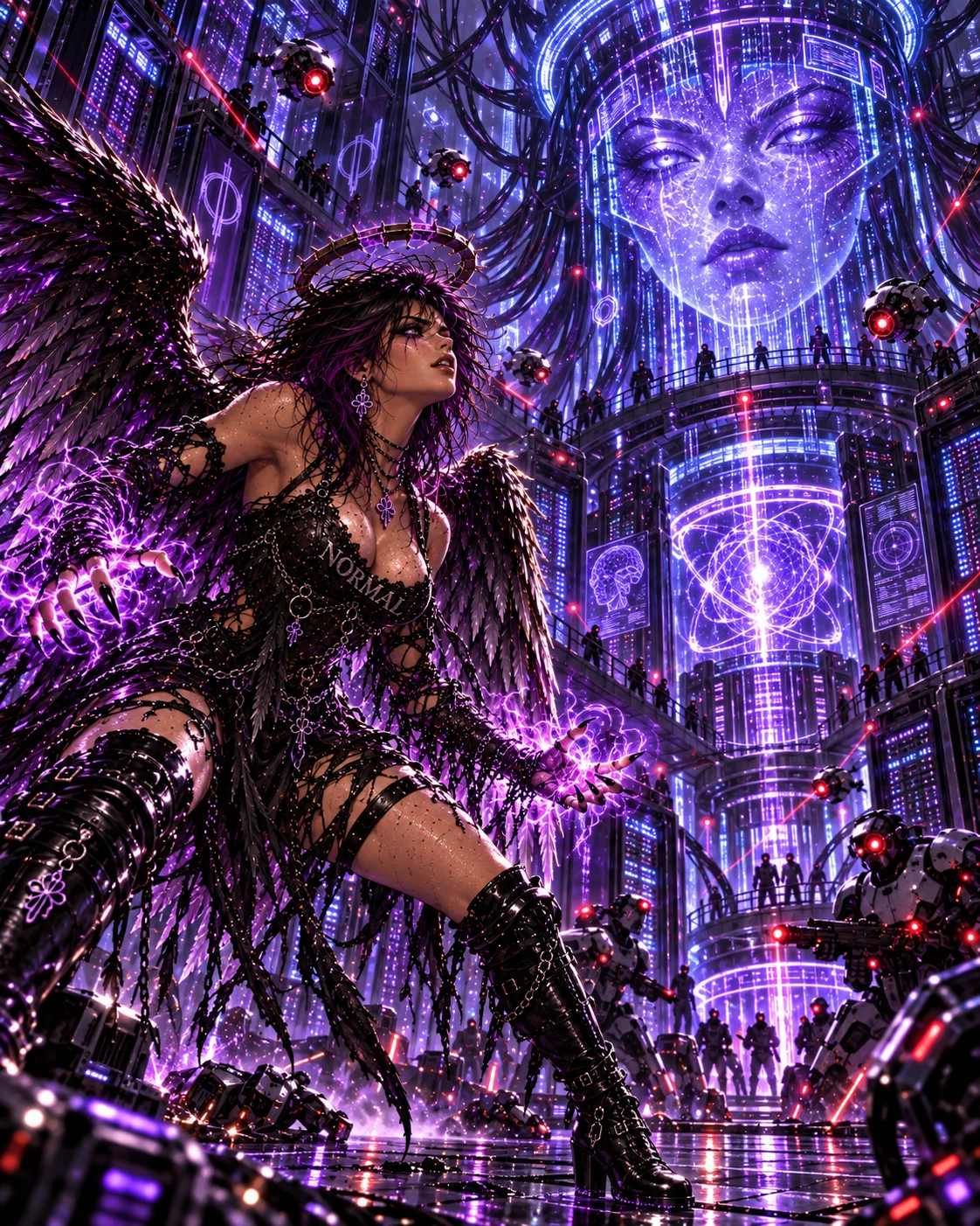 Fallen Angel Blu stands among violet machinery and surveillance drones beneath an enormous projected face.
