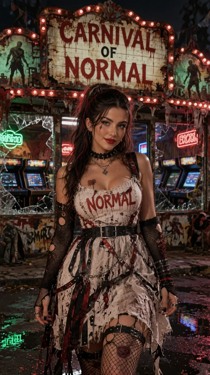 Blu Normal stands before the Carnival of NORMAL arcade in a distressed cream NORMAL dress, black belt and fishnet accessories.