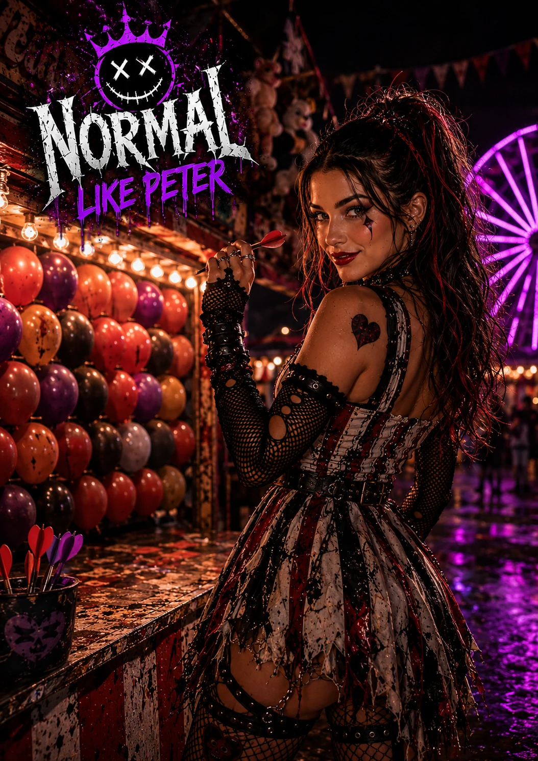 Blu Normal turns toward the viewer at a Carnival balloon game, holding a dart beside the NORMAL Like Peter logo.