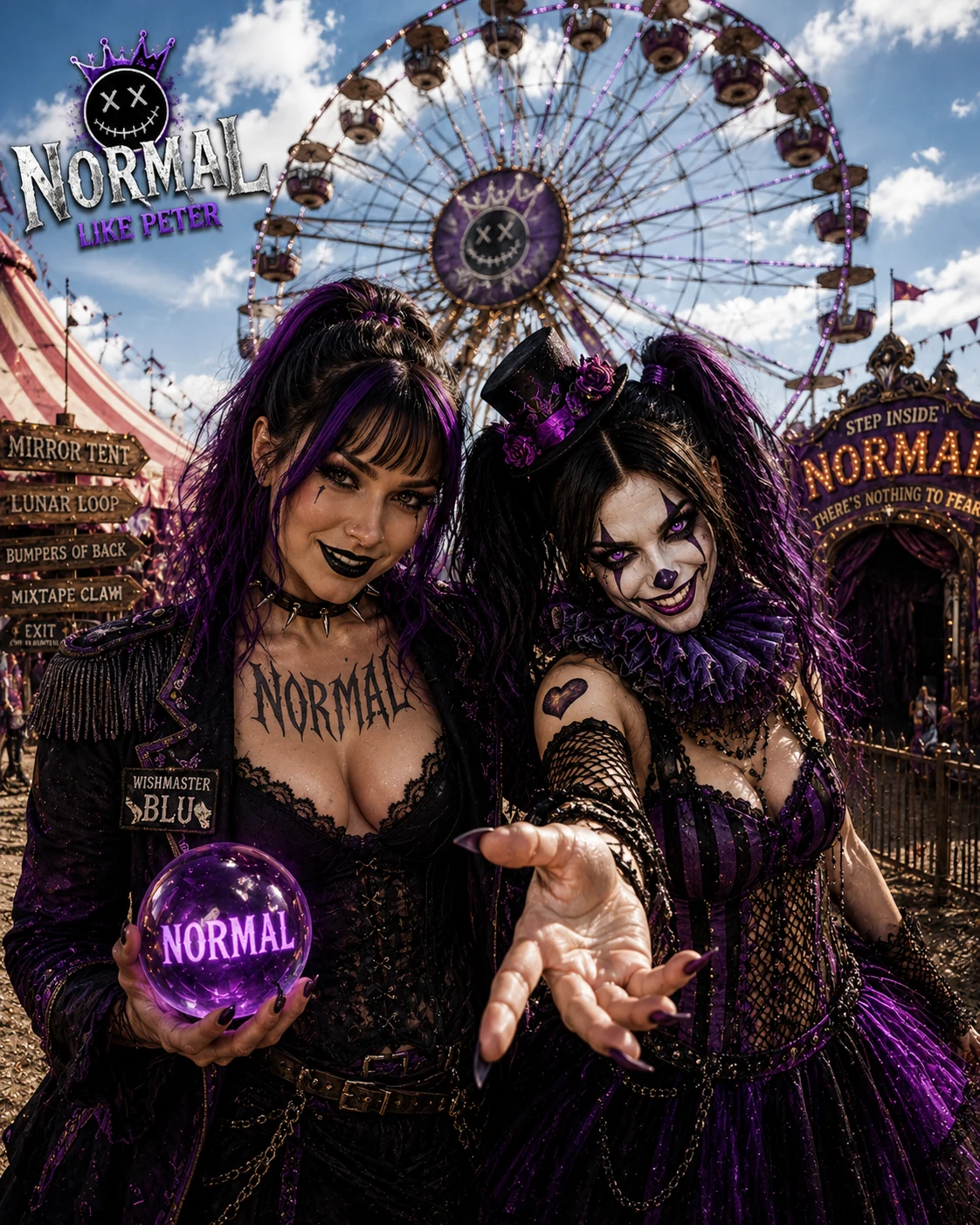 Wishmaster Blu holds a glowing NORMAL crystal ball beside another version of Blu in clown makeup and a purple striped Carnival outfit.