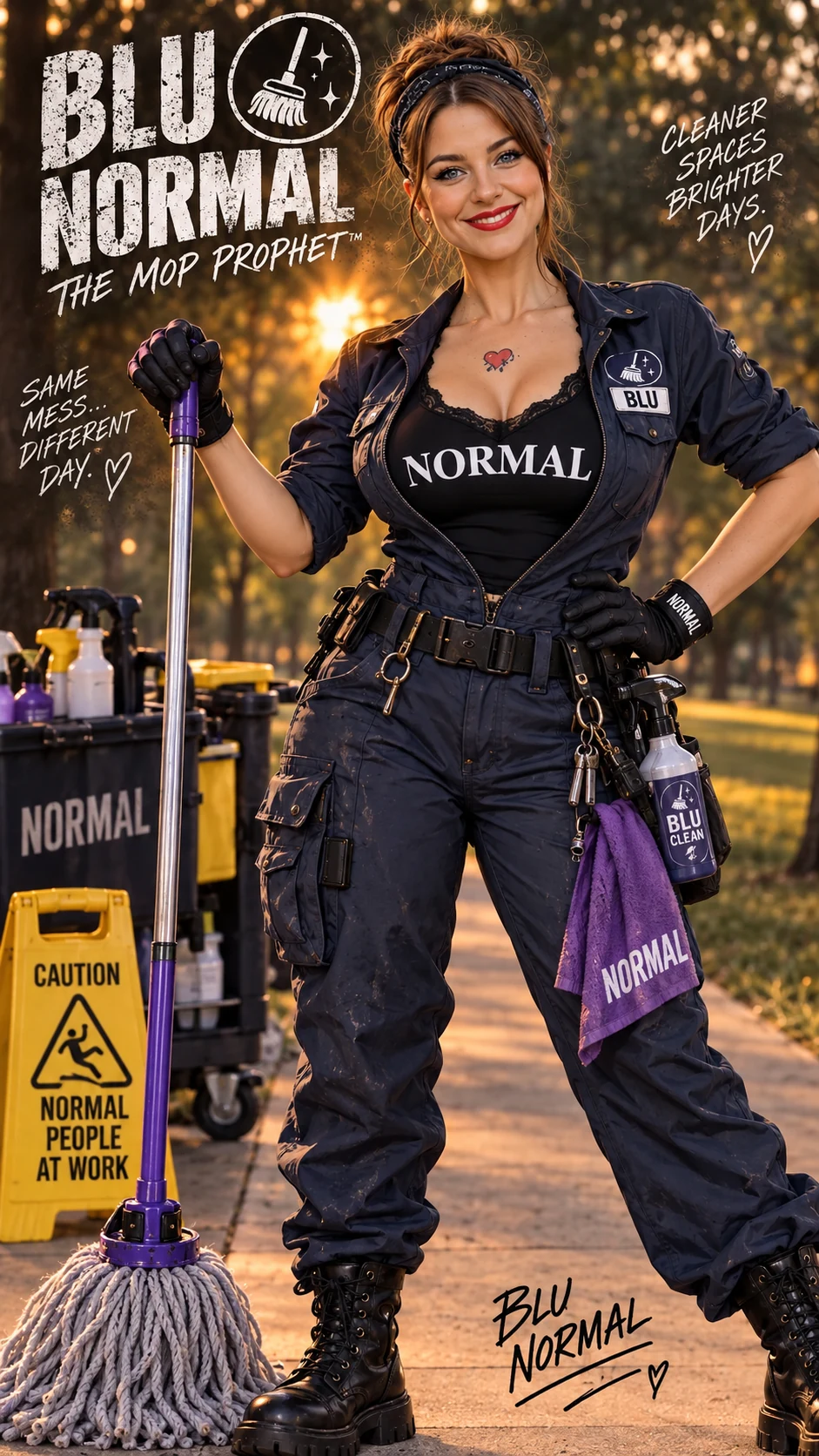 Blu Normal smiles with a mop in a navy jumpsuit over a black NORMAL top; the poster reads Cleaner Spaces, Brighter Days.