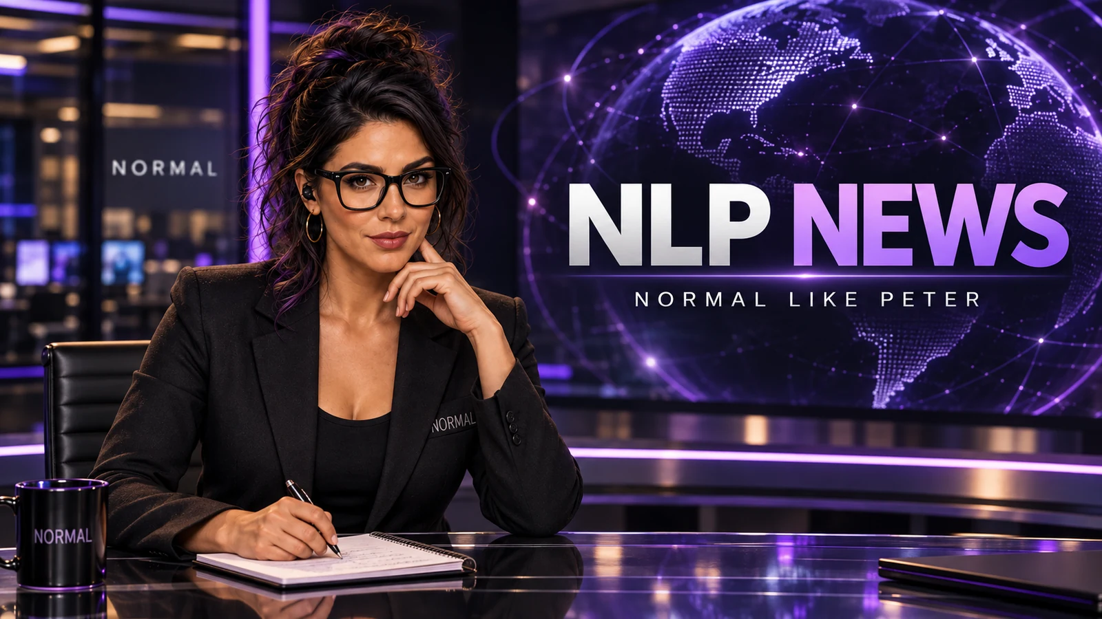 Blu Normal in glasses and a black blazer sits with notes at an NLP News desk against a violet world map.