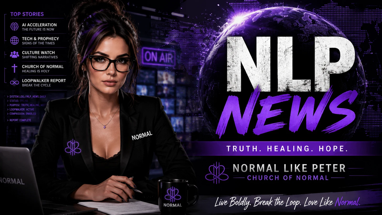 Blu Normal sits at a news desk beside NLP News, Normal Like Peter and Church of NORMAL branding with the words Truth. Healing. Hope.