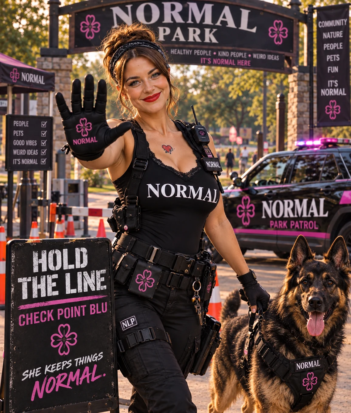 Blu raises a gloved hand beside a German shepherd at a fictional NORMAL Park checkpoint.