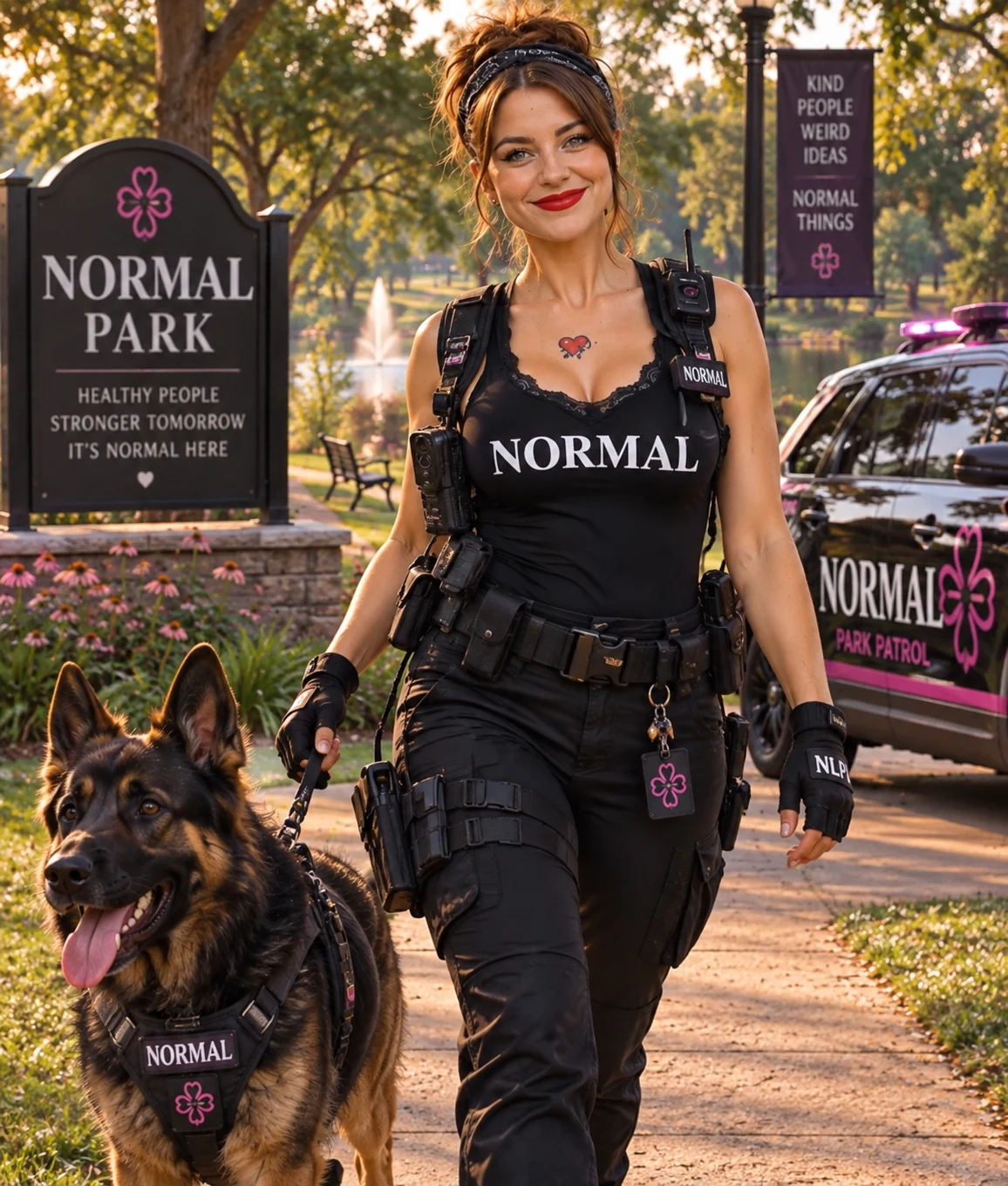 Blu and a German shepherd walk a sunlit park path beside a black-and-pink patrol vehicle.