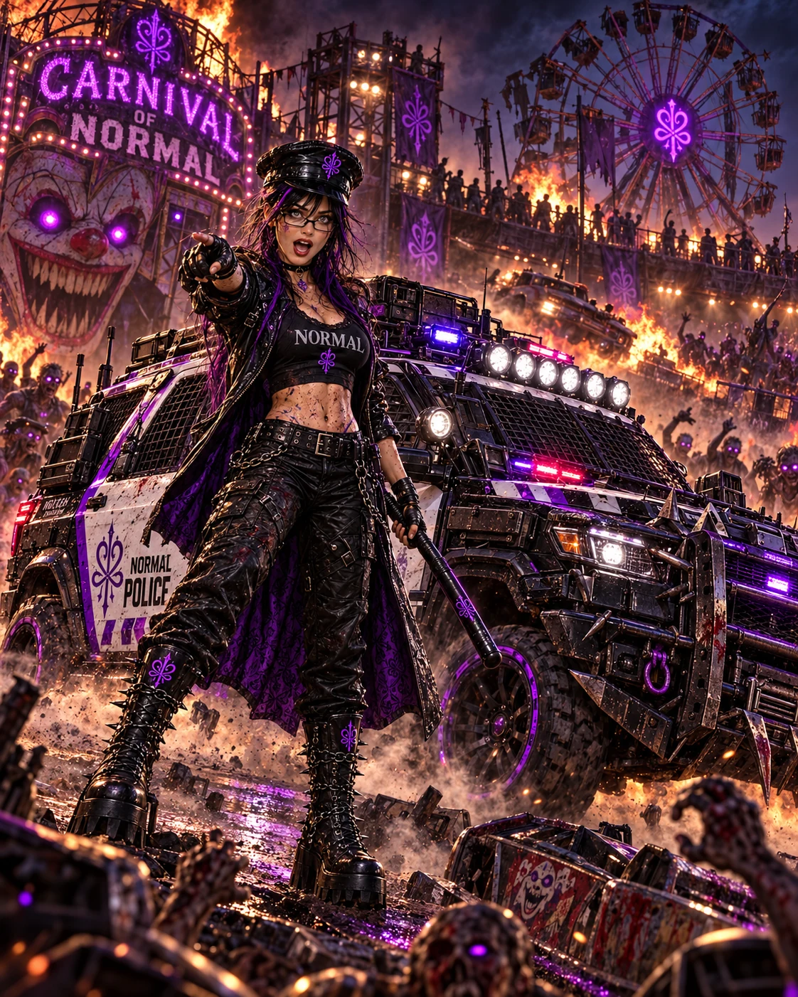 Blu in glasses and a black NORMAL police outfit points forward beside an armored patrol vehicle amid violet lights at the Carnival of NORMAL.