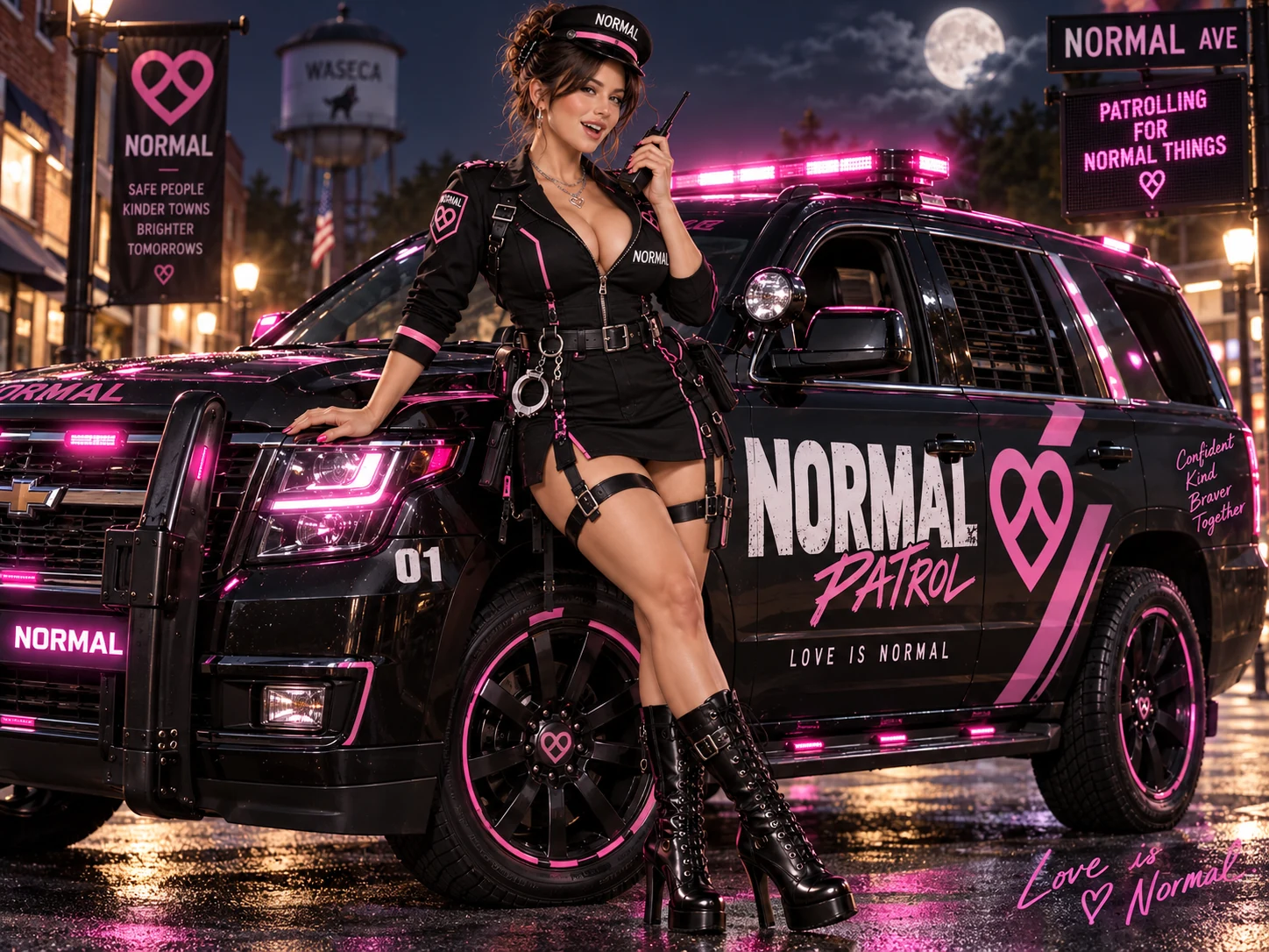 Blu in a black uniform with pink trim stands beside a NORMAL Patrol SUV under a moonlit sky.