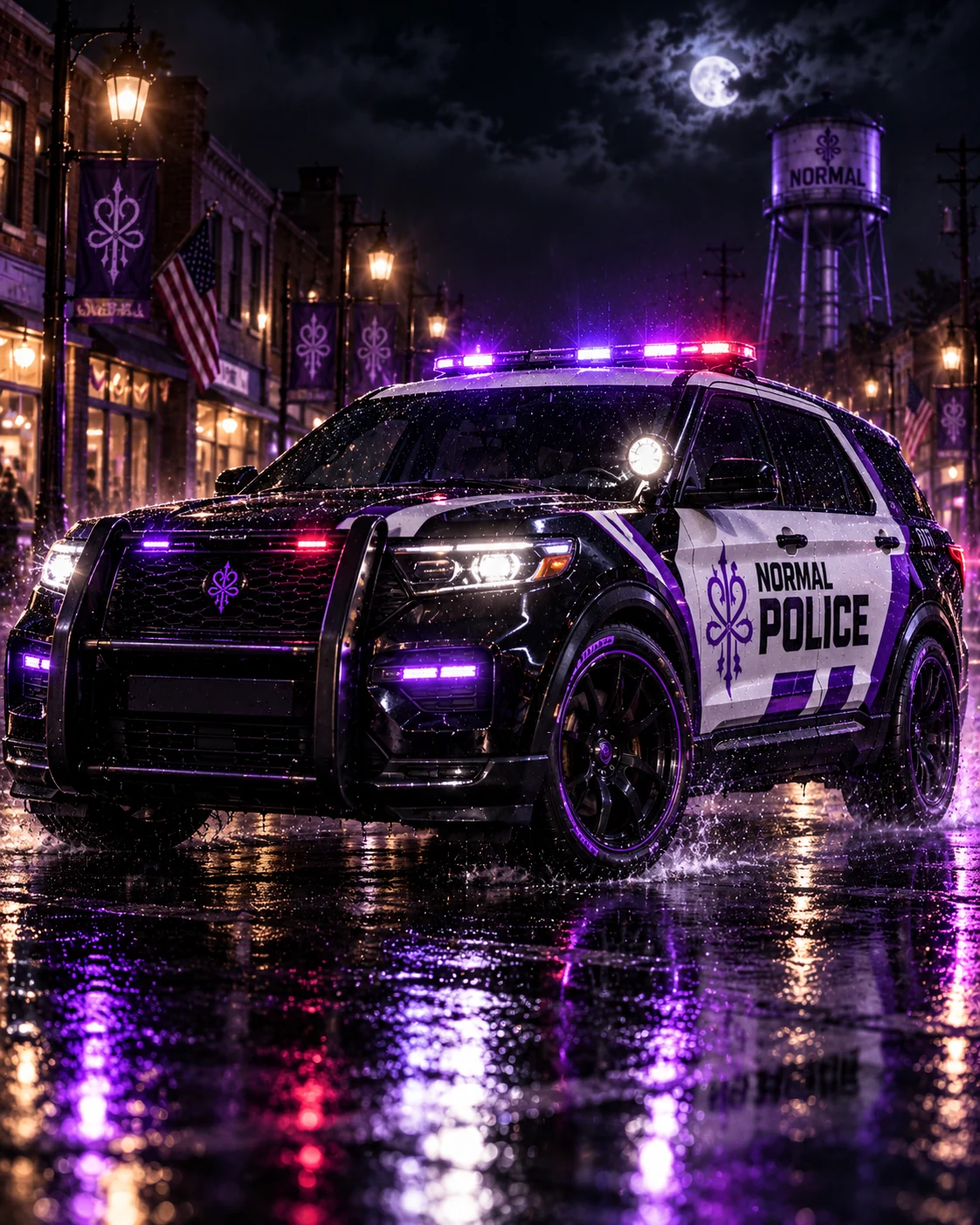 A black-and-white NORMAL Police SUV with violet lights stands on a rain-soaked street beneath a NORMAL water tower.