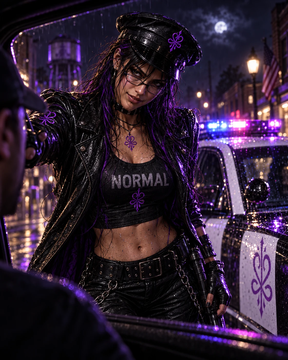 Blu in glasses, a police cap and a wet black leather jacket leans toward a car window beside a violet-lit patrol SUV at night.