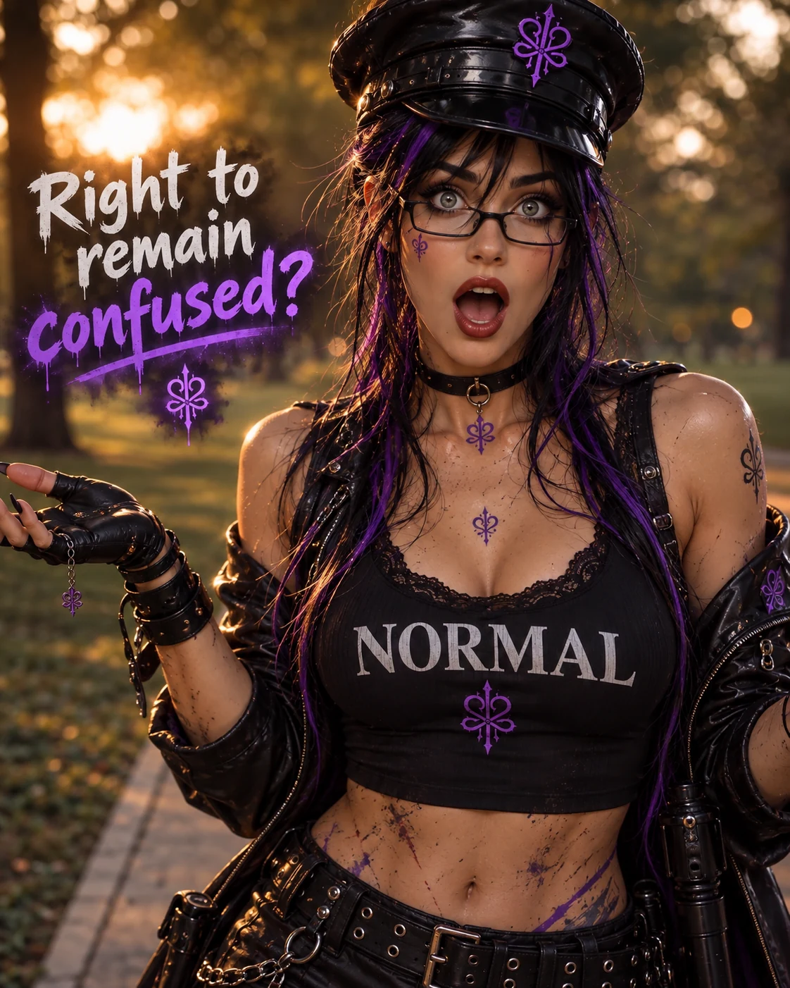 Blu in a black police cap, glasses and a NORMAL crop top shrugs beneath the playful caption Right to remain confused?
