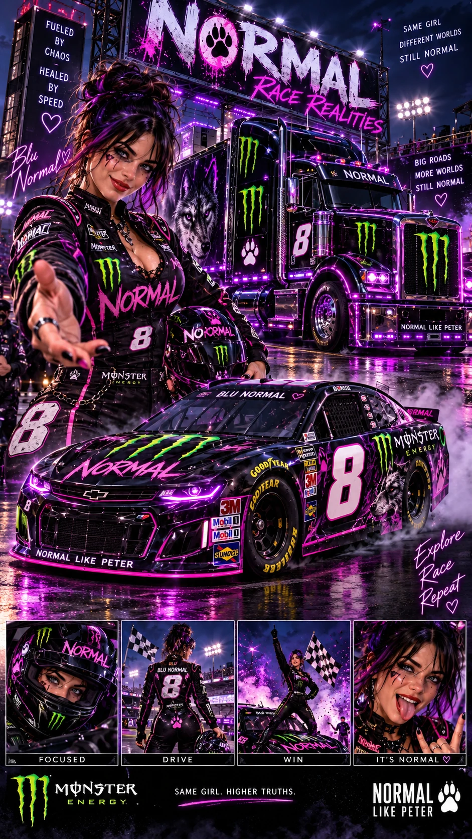 Blu stands with a black-and-violet number-eight race car and team truck on a NORMAL racing poster.