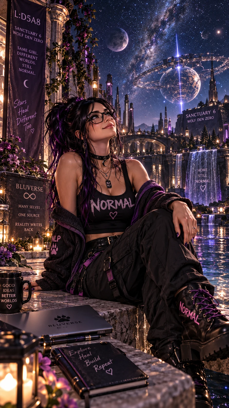 Blu in glasses and a NORMAL top sits beside notebooks beneath a ringed night sky.