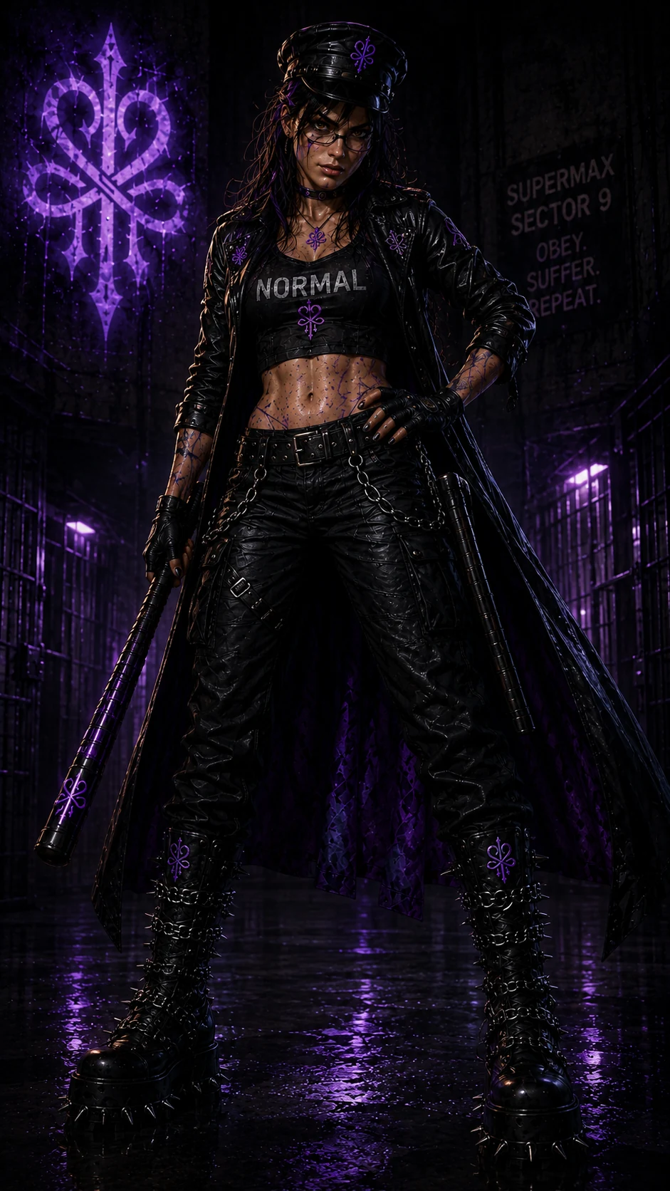 Blu wears glasses, a police-style cap, a black NORMAL top and long leather coat, holding a baton in a violet-lit corridor marked Supermax Sector 9.