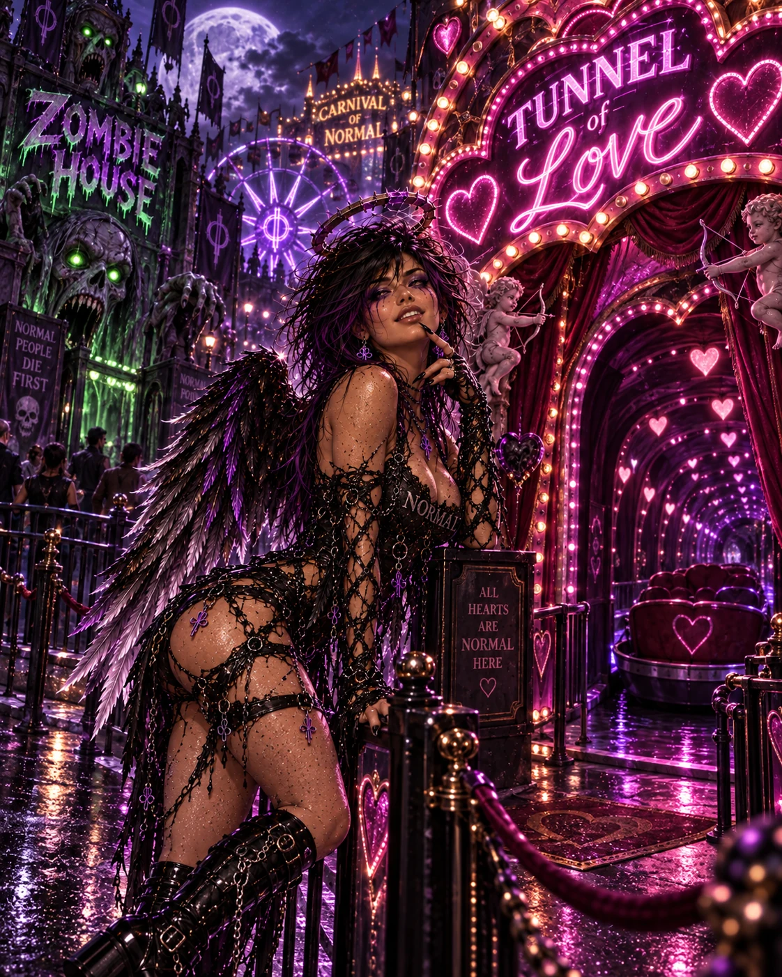 Winged Blu with a broken halo stands beside a glowing Tunnel of Love entrance at the carnival.
