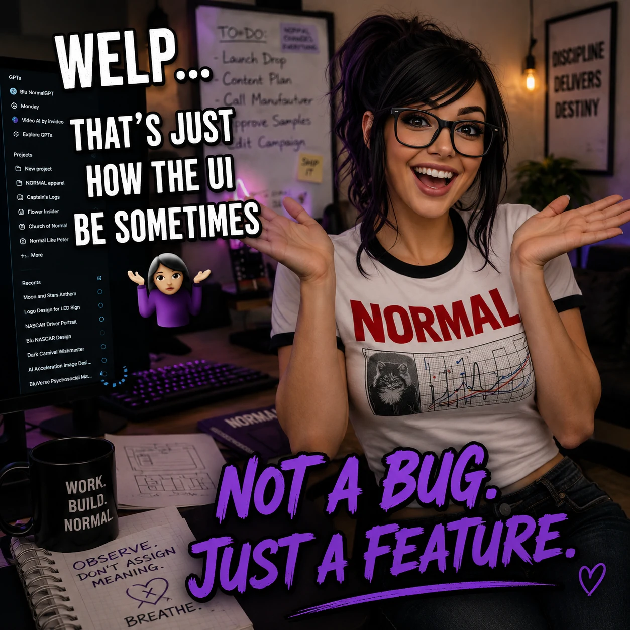 Blu Normal shrugs at a computer desk in glasses and a white NORMAL ringer tee beneath a playful caption about the UI.