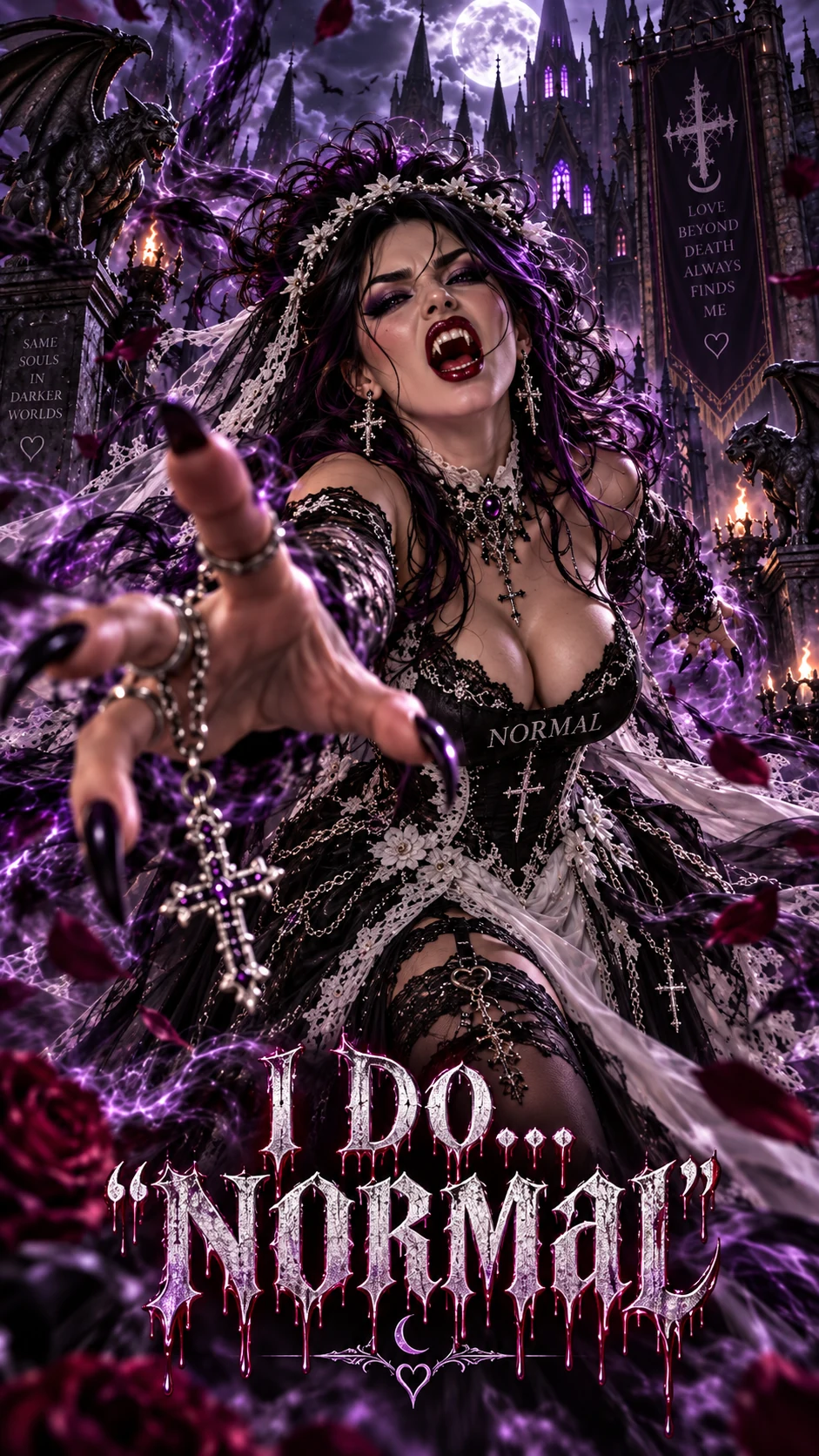 Fanged Blu reaches toward the viewer in black-and-white bridal lace before a violet gothic castle.