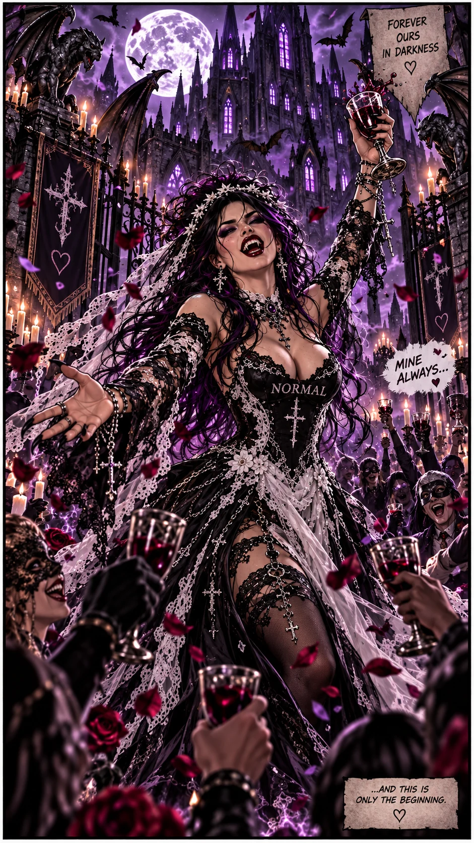Fanged Blu raises a goblet in a dark lace wedding gown before a gothic castle and celebrating guests.