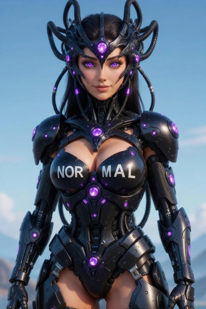 UNI-01 / Borg Blu in dark segmented armor and a cable-framed crown with violet lights and NORMAL lettering across the chest.