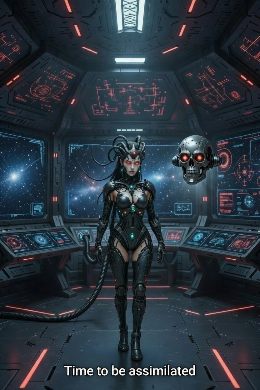 Borg Blu stands in a spacecraft control chamber beside a floating red-eyed mechanical skull, with a caption reading Time to be assimilated.