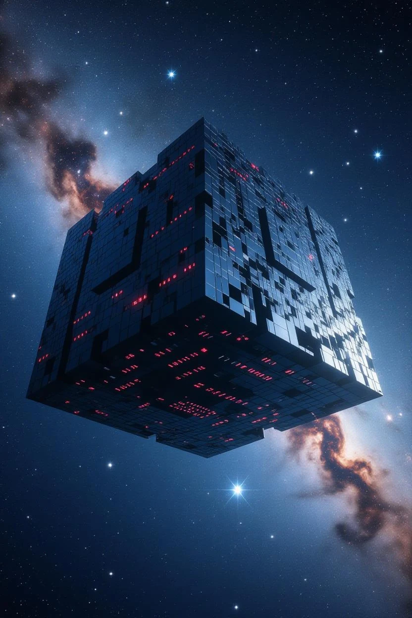 A dark mechanical cube ship with red-lit recesses floats against a star field and a luminous nebula.