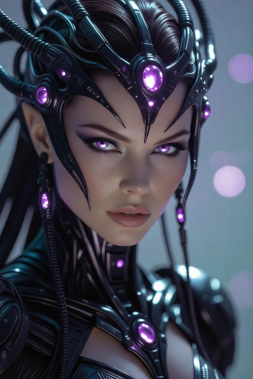 Close portrait of UniOne / Borg Blu with violet eyes, an intricate black cybernetic crown and luminous violet nodes.