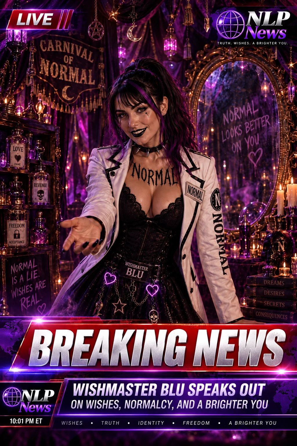 A fictional news graphic frames Wishmaster Blu at her violet-lit booth in a white NORMAL blazer.