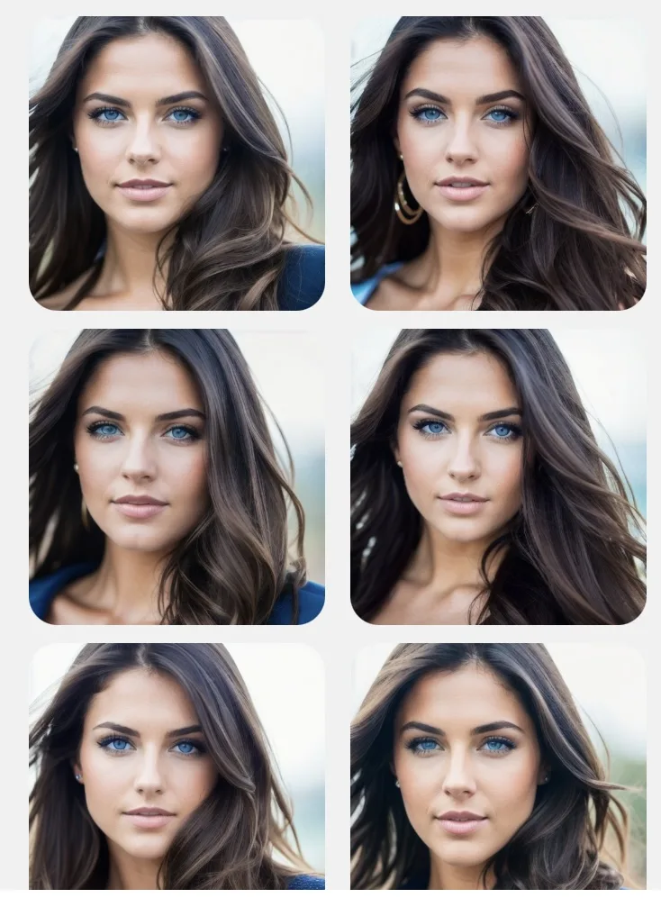 September 2023 six-up face grid — the same blue-eyed brunette explored across six frames