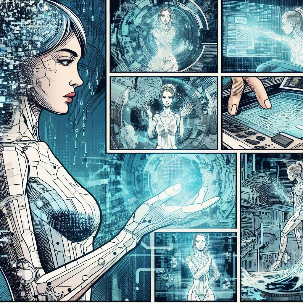 October 2023 comic study — a half-digital woman assembling across panels, code raining behind her, a hand at a touchscreen bringing her through